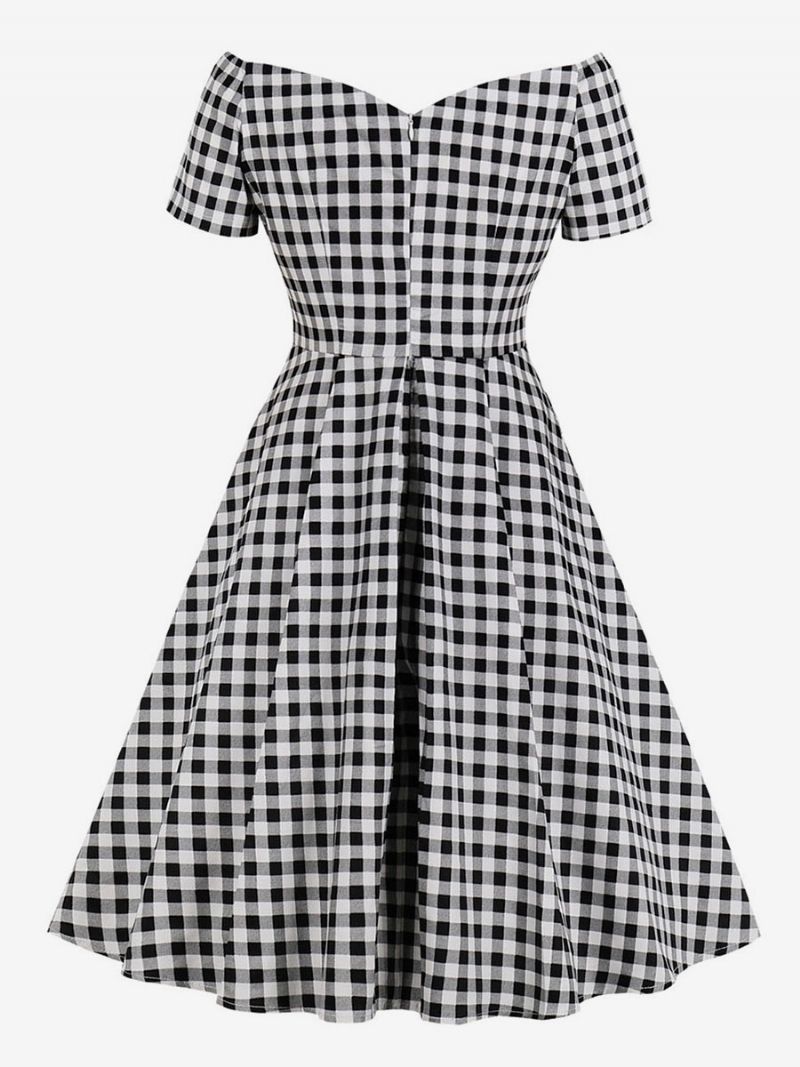 Kvinders Sort Vintagekjole 1950'erne Audrey Hepburn-stil Kortærmede V-hals Plaid Retro Kjoler - Sort