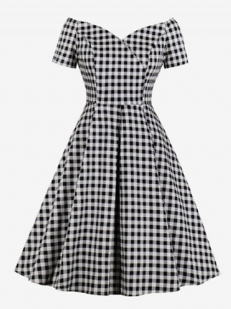 Kvinders Sort Vintagekjole 1950'erne Audrey Hepburn-stil Kortærmede V-hals Plaid Retro Kjoler