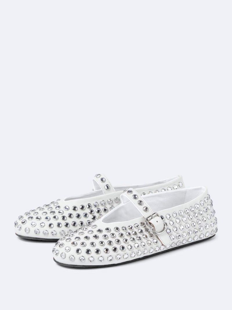 Kvinders Sorte Ballerina Flats Rhinestones Rund Toe Mary Jane Ballet Flade Sko - Hvid