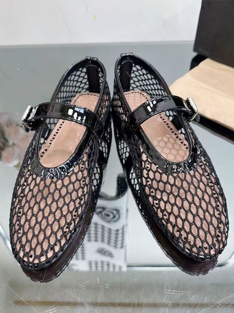 Kvinders Sorte Balletflader Rund Tå Fishnet Mary Jane Ballerina Flats - Sort