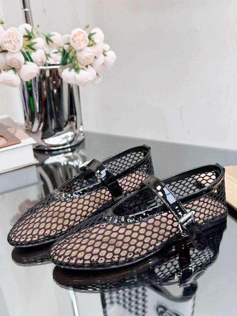 Kvinders Sorte Balletflader Rund Tå Fishnet Mary Jane Ballerina Flats - Sort