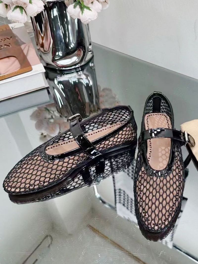 Kvinders Sorte Balletflader Rund Tå Fishnet Mary Jane Ballerina Flats - Sort