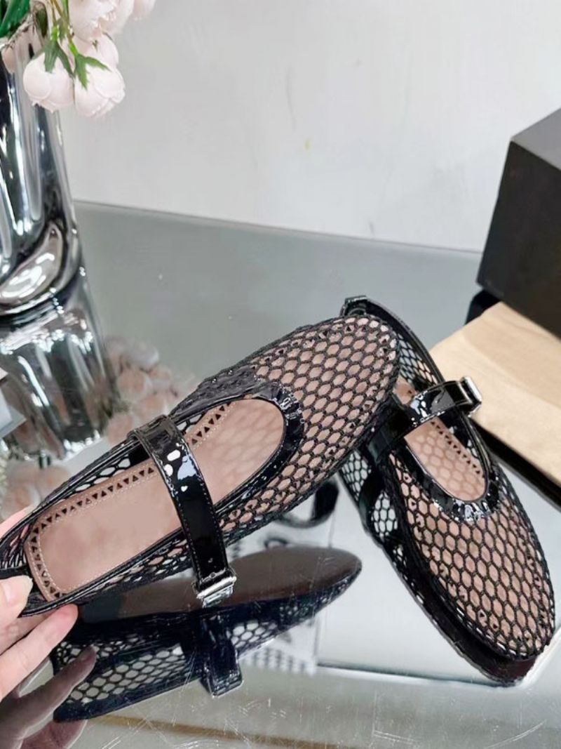 Kvinders Sorte Balletflader Rund Tå Fishnet Mary Jane Ballerina Flats - Sort