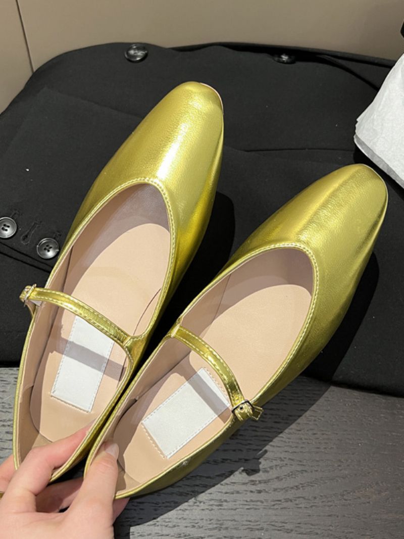 Kvinders Sorte Flade Sko Sort Rund Tå Mary Jane Ballet Flats - Guld