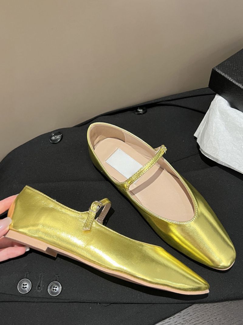 Kvinders Sorte Flade Sko Sort Rund Tå Mary Jane Ballet Flats - Guld