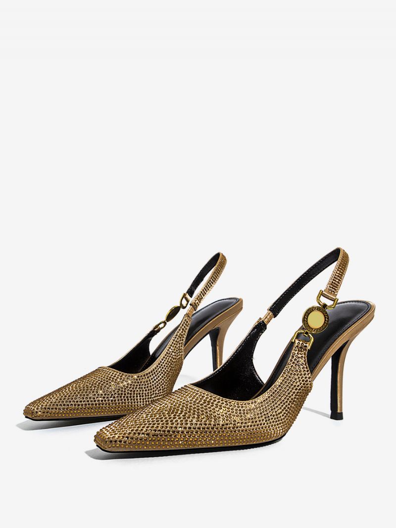 Kvinders Sorte Hæle Rhinestones Stilethæl Slingback Pumps Festsko - Guld