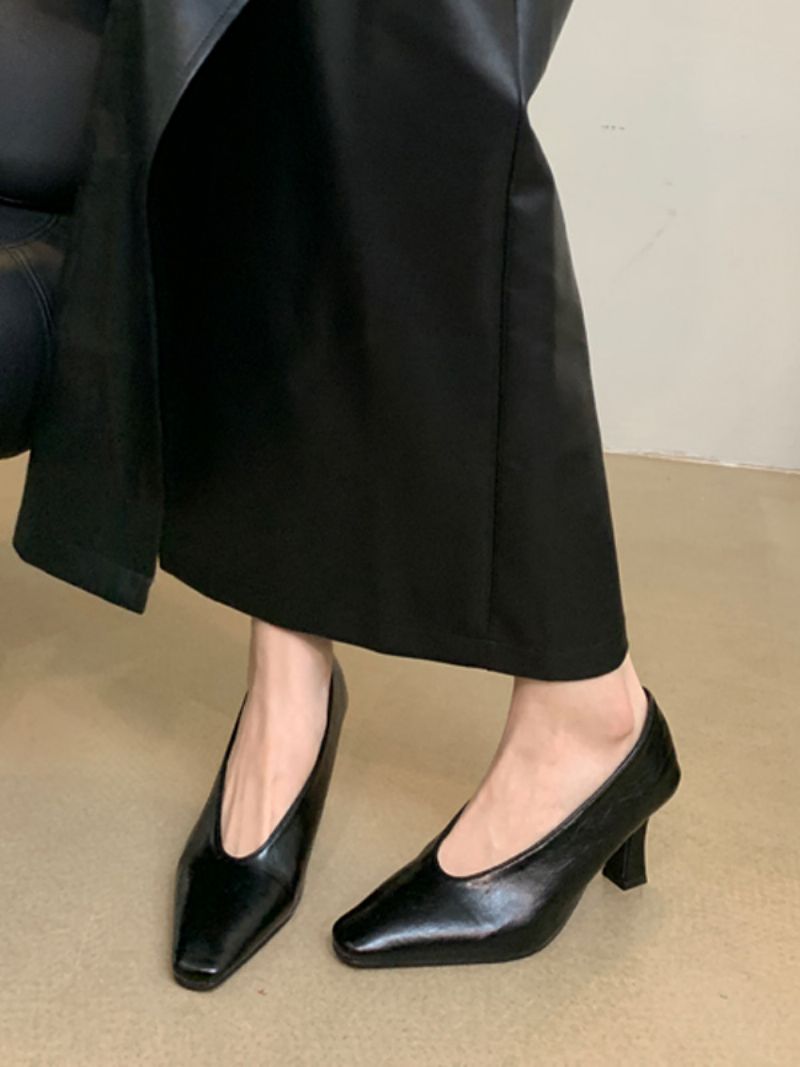 Kvinders Sorte Højhælede Firkantede Tå Chunky Heel Slip On Pumps