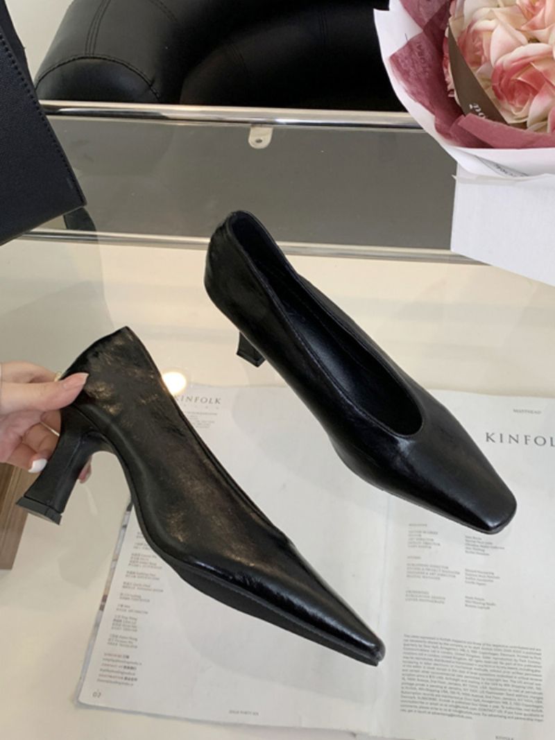 Kvinders Sorte Højhælede Firkantede Tå Chunky Heel Slip On Pumps - Sort