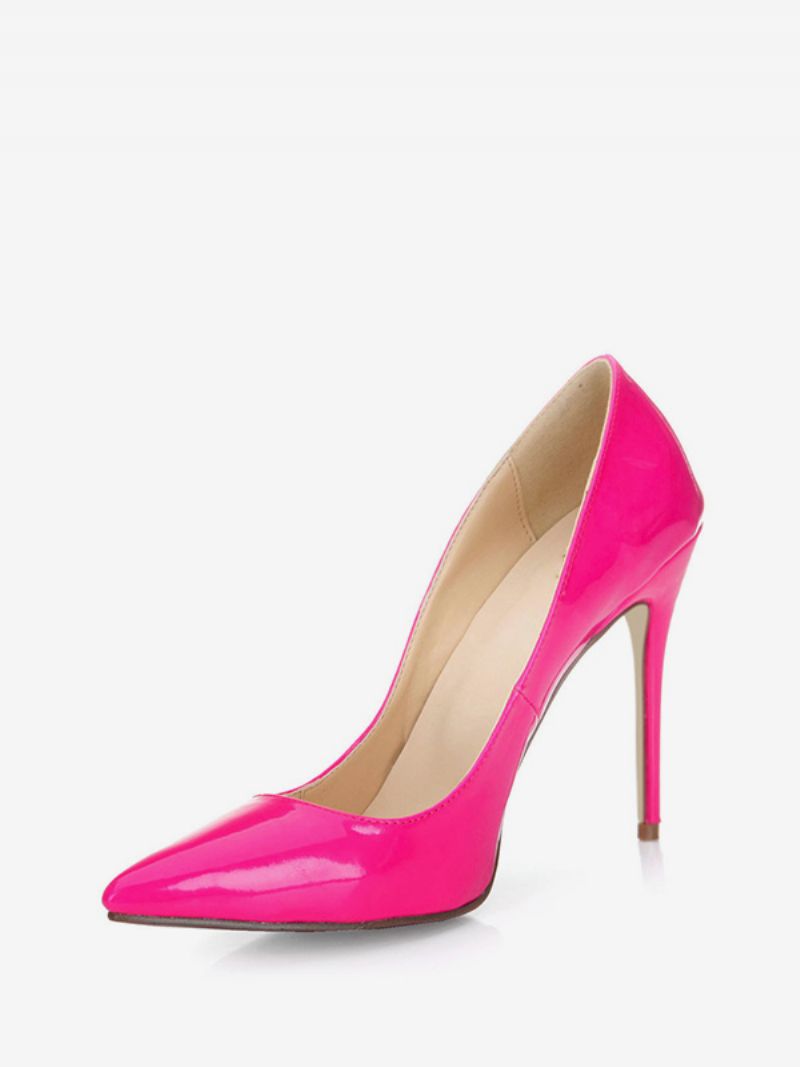 Kvinders Sorte Højhælede Kjole Sko Med Spids Tå Laklæder Stiletter Pumps - Fuchsia