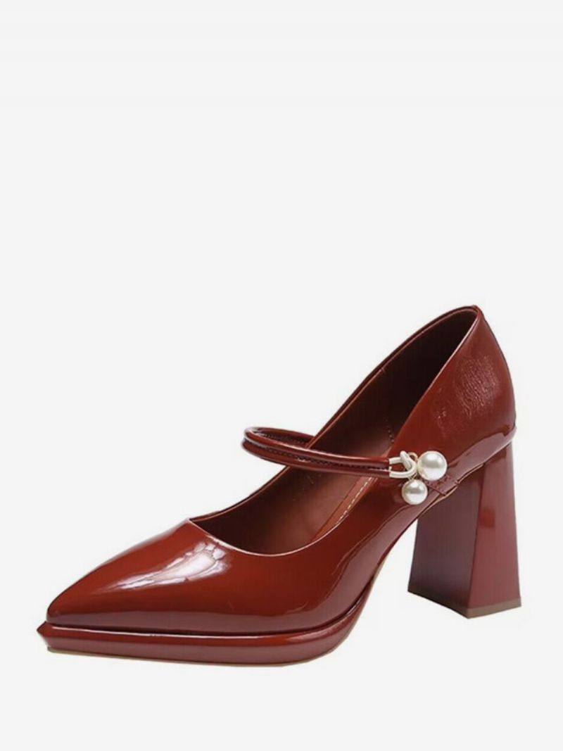 Kvinders Sorte Mary Jane Sko Pointed Toe Chunky Heel Pumps - Bourgogne