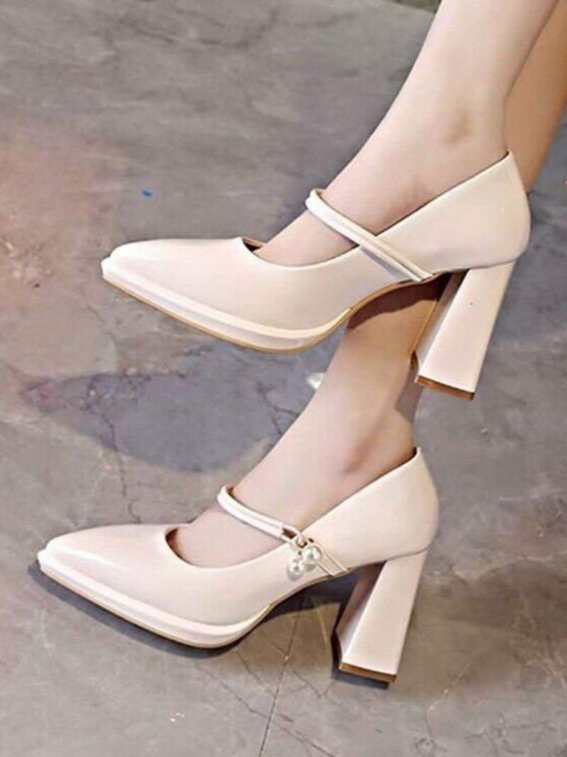 Kvinders Sorte Mary Jane Sko Pointed Toe Chunky Heel Pumps - Beige