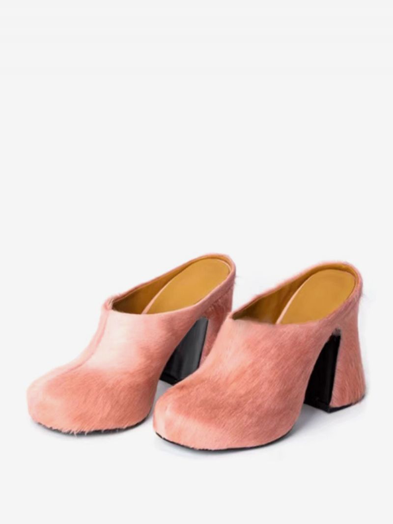 Kvinders Sorte Mules Hestehår Puppy Heel Mule Sko - Pink