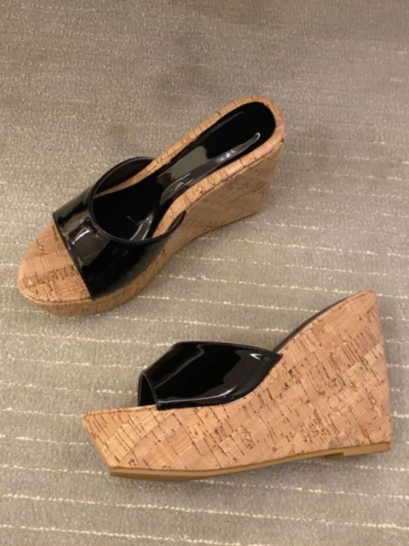 Kvinders Sorte Mules Peep Toe Kilehæl Patent Pu Sommerhæl Slipper