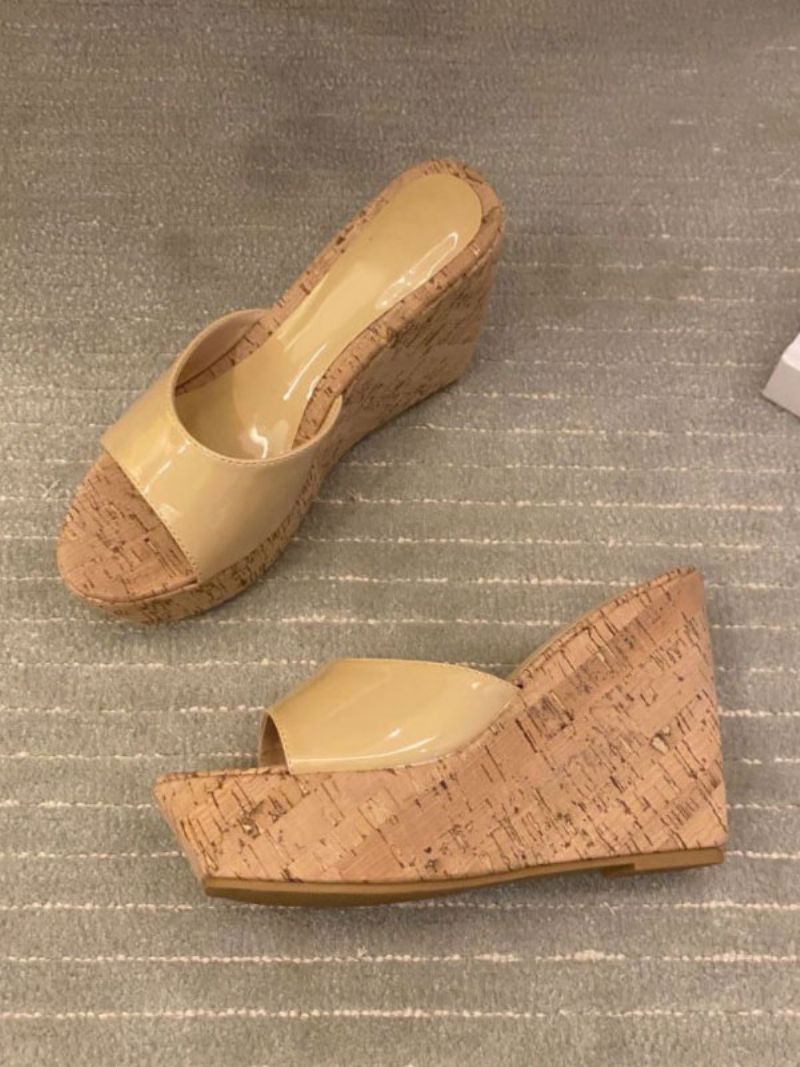 Kvinders Sorte Mules Peep Toe Kilehæl Patent Pu Sommerhæl Slipper - Dyb Lys Gul