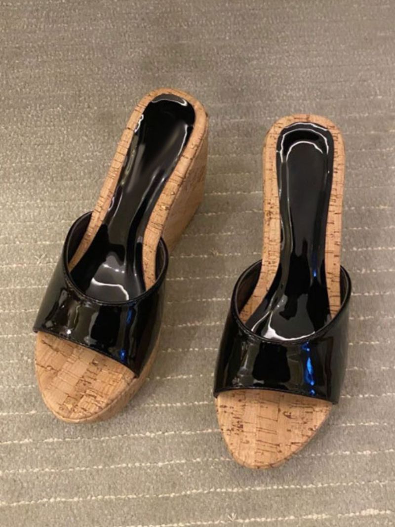 Kvinders Sorte Mules Peep Toe Kilehæl Patent Pu Sommerhæl Slipper - Sort