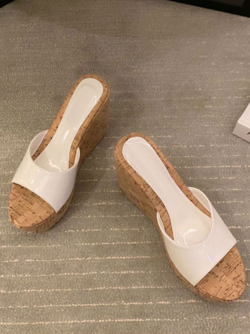 Kvinders Sorte Mules Peep Toe Kilehæl Patent Pu Sommerhæl Slipper - Hvid