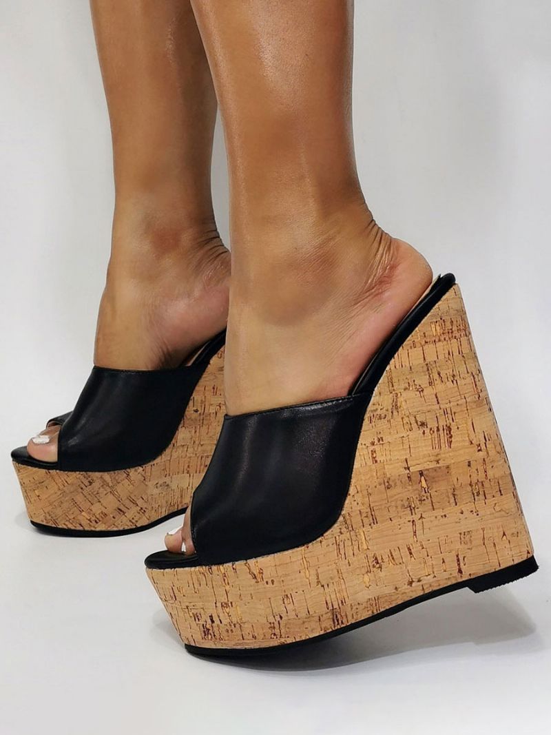 Kvinders Sorte Platform Peep Toe Wedge Sandaler