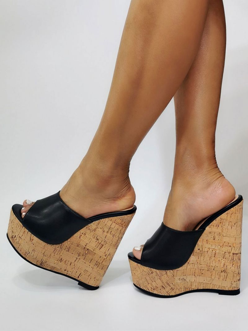 Kvinders Sorte Platform Peep Toe Wedge Sandaler - Sort