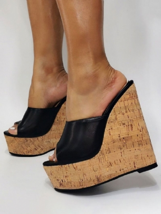 Kvinders Sorte Platform Peep Toe Wedge Sandaler