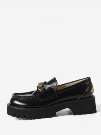 Kvinders Sorte Pu Læder Metal Detail Chunky Heel Loafers