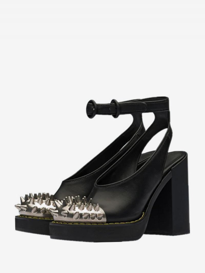 Kvinders Sorte Pumk-hæle Chunky Heel Studs Detail Ankelrem Pumps