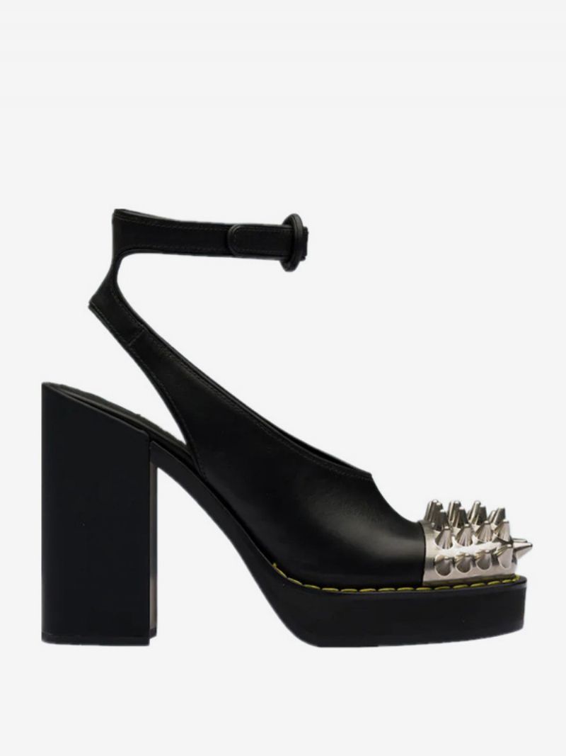 Kvinders Sorte Pumk-hæle Chunky Heel Studs Detail Ankelrem Pumps - Sort