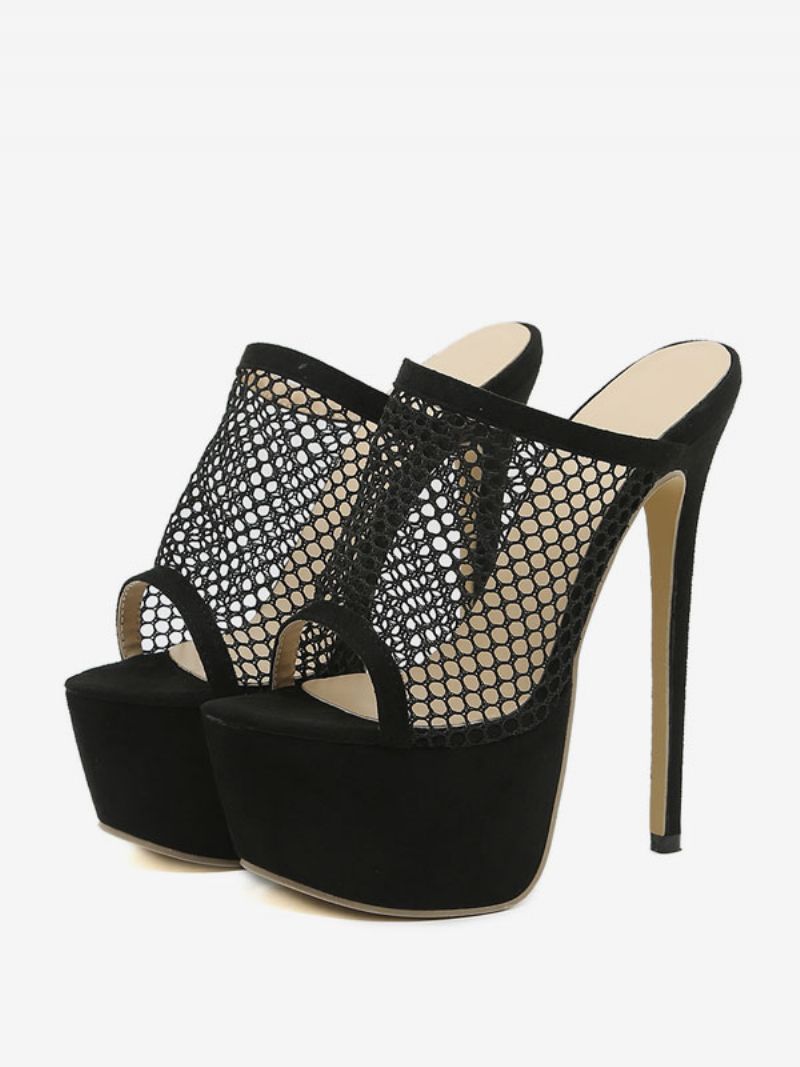 Kvinders Sorte Sexede Høje Hæle Net Platform Peep Toe Stiletto Sky High Sandal Hjemmesko - Sort