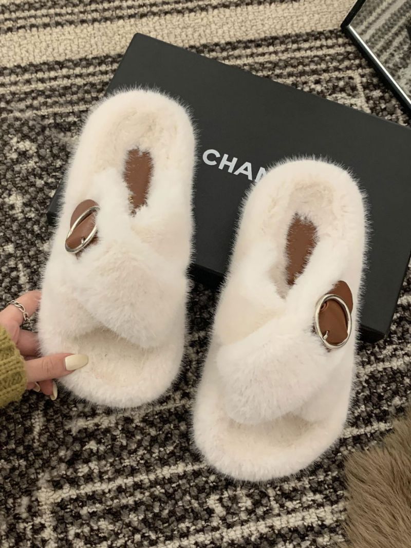 Kvinders Spænde Peep Toe Fur Slide Sandaler Flat Ecru White