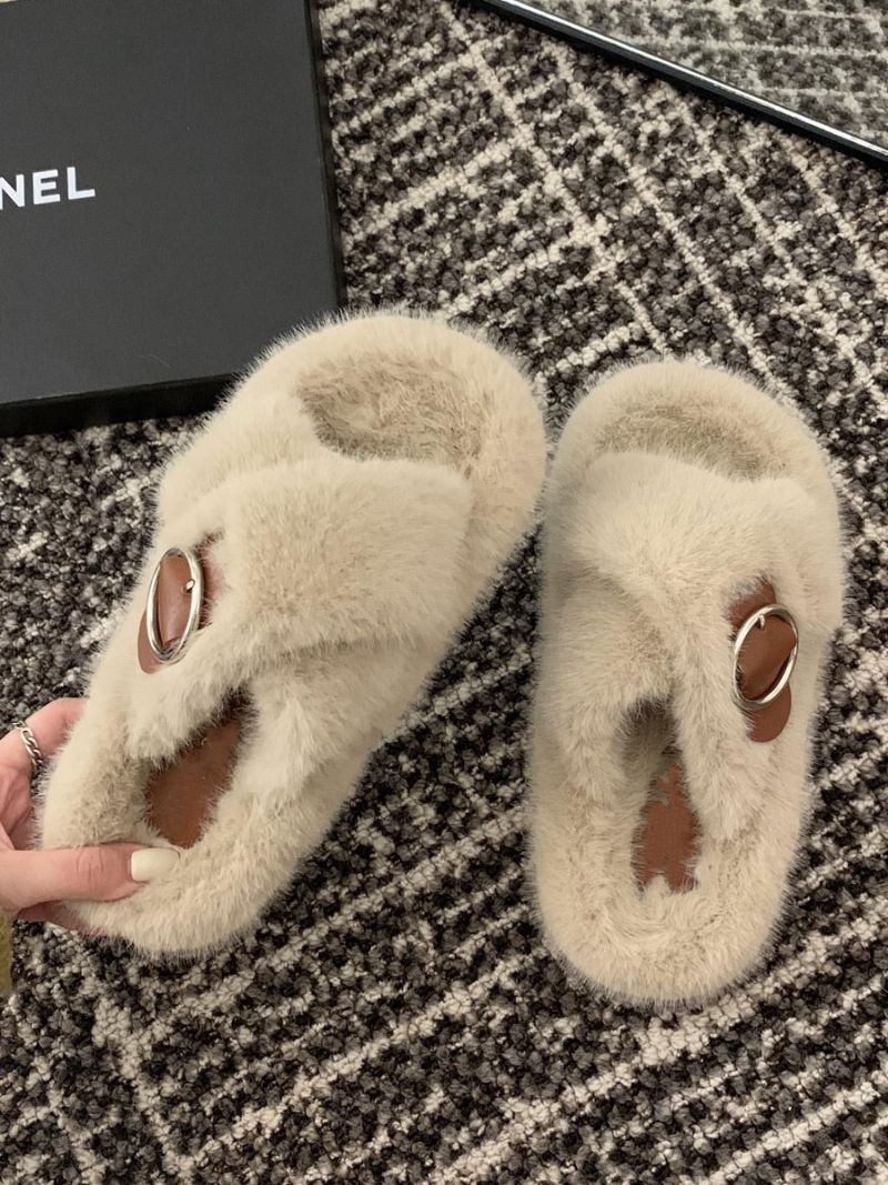 Kvinders Spænde Peep Toe Fur Slide Sandaler Flat Ecru White - Lysegul