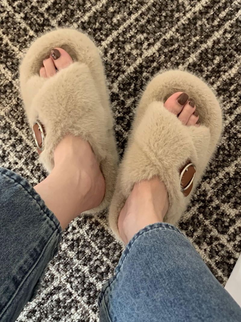 Kvinders Spænde Peep Toe Fur Slide Sandaler Flat Ecru White - Lysegul