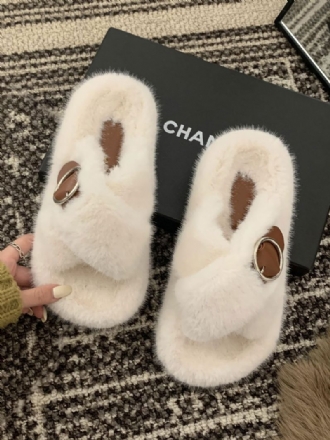 Kvinders Spænde Peep Toe Fur Slide Sandaler Flat Ecru White