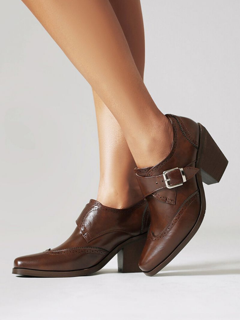 Kvinders Square Toe Chunky Heel Pu-læder Oxfords