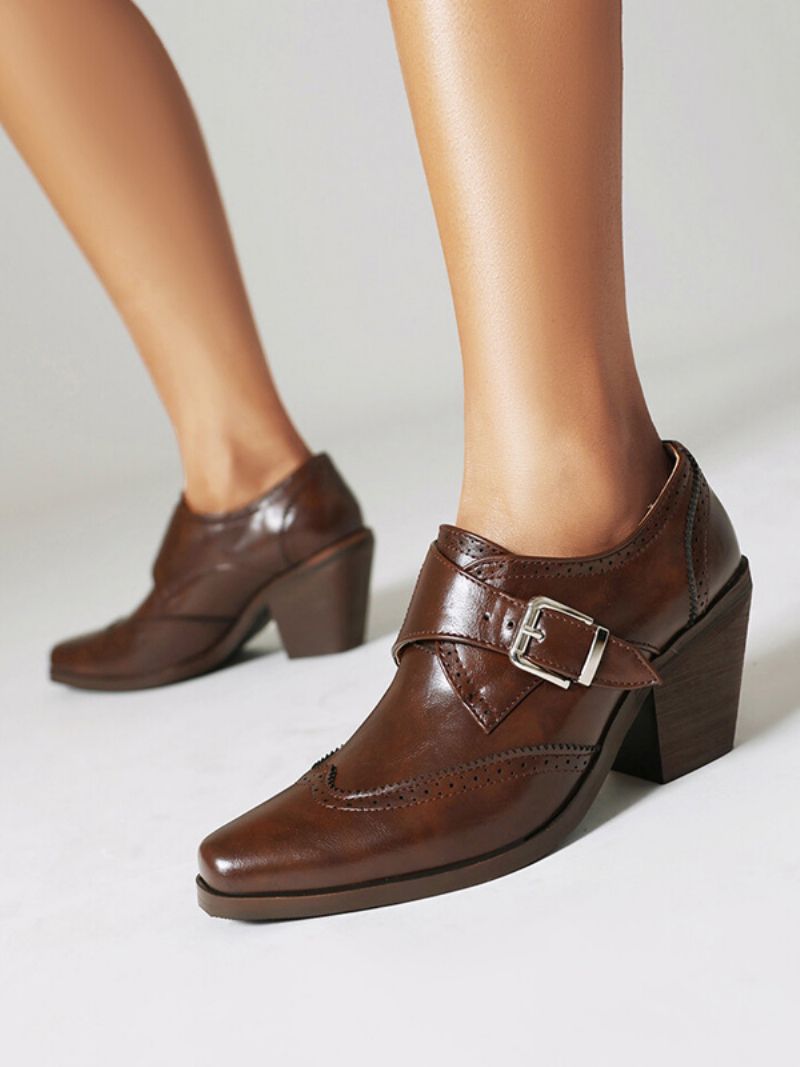 Kvinders Square Toe Chunky Heel Pu-læder Oxfords - Kaffe Brun