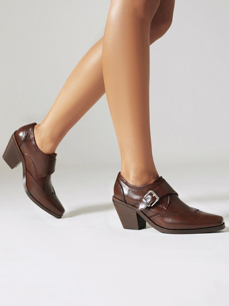 Kvinders Square Toe Chunky Heel Pu-læder Oxfords - Kaffe Brun