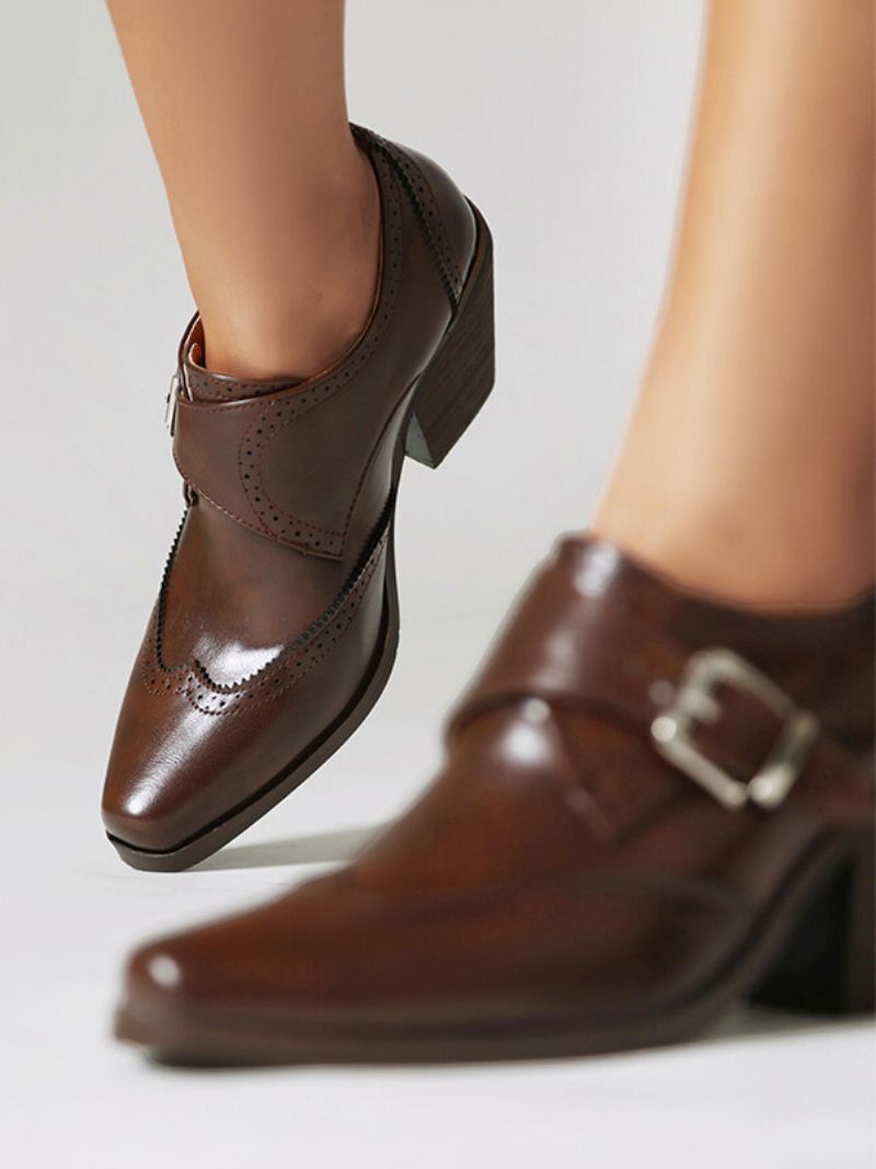 Kvinders Square Toe Chunky Heel Pu-læder Oxfords - Kaffe Brun