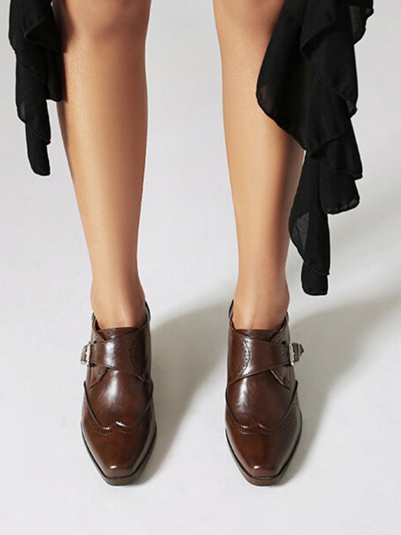 Kvinders Square Toe Chunky Heel Pu-læder Oxfords - Kaffe Brun