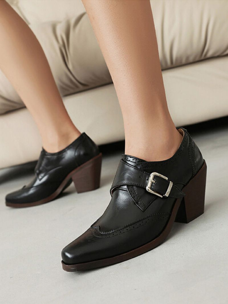 Kvinders Square Toe Chunky Heel Pu-læder Oxfords - Sort