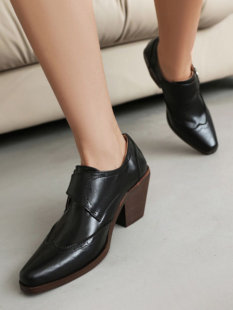 Kvinders Square Toe Chunky Heel Pu-læder Oxfords - Sort