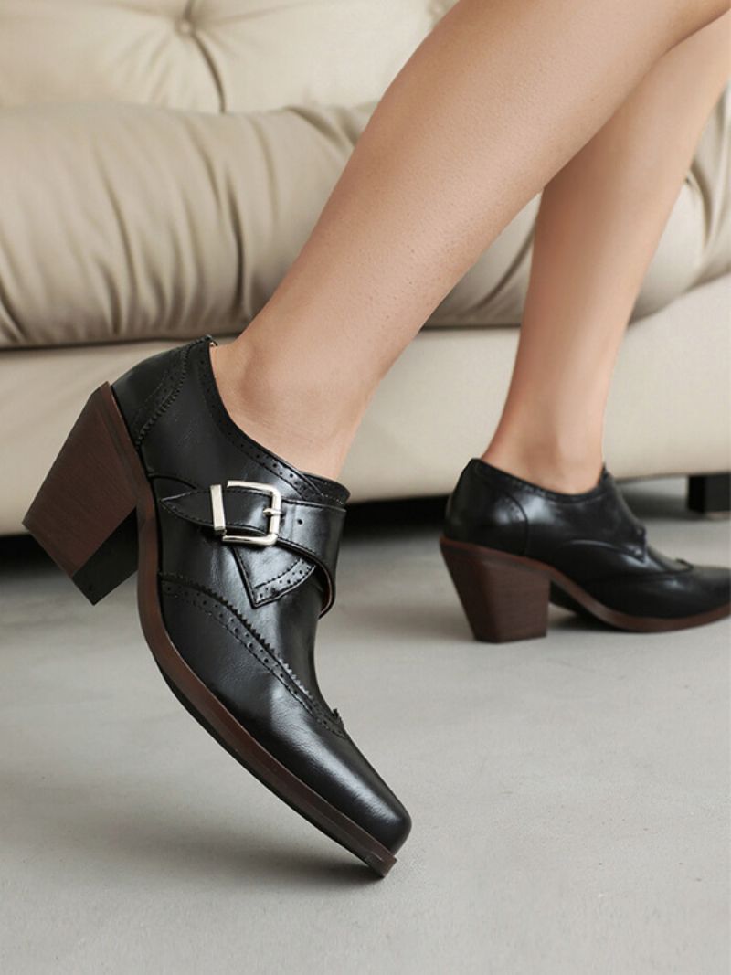 Kvinders Square Toe Chunky Heel Pu-læder Oxfords - Sort