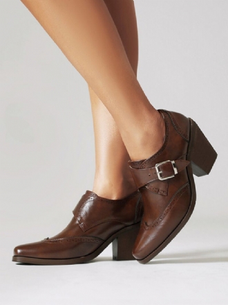 Kvinders Square Toe Chunky Heel Pu-læder Oxfords