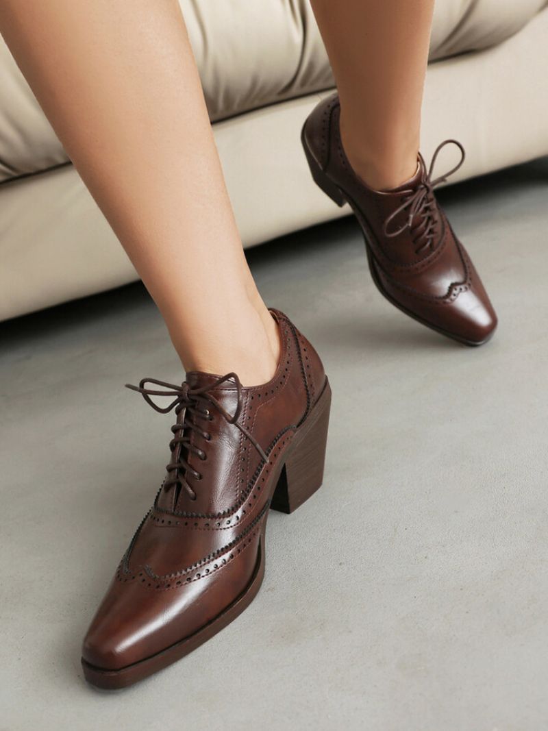 Kvinders Square Toe Chunky Heel Pu-læder Oxfords - Kaffe Brun