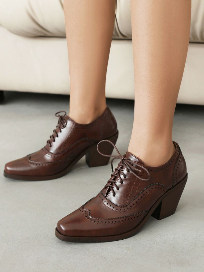 Kvinders Square Toe Chunky Heel Pu-læder Oxfords - Kaffe Brun