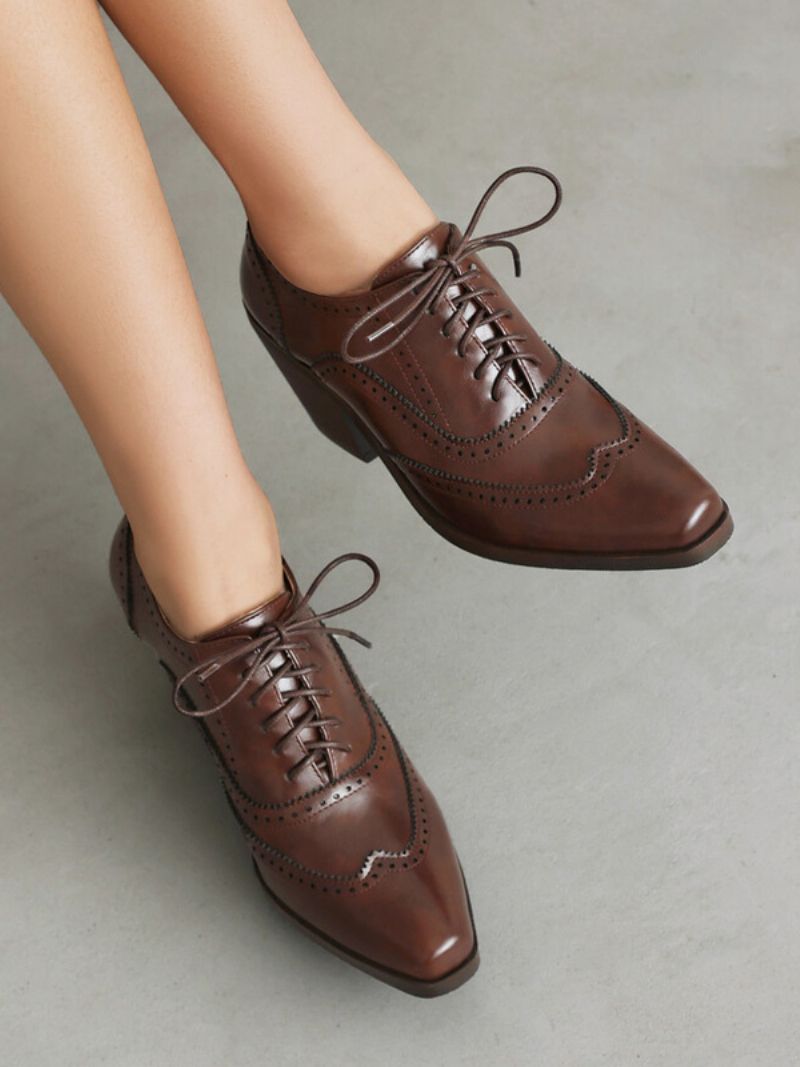 Kvinders Square Toe Chunky Heel Pu-læder Oxfords - Kaffe Brun