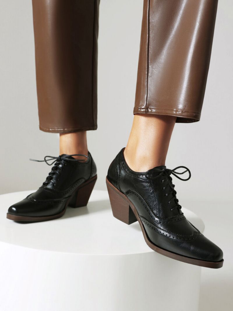 Kvinders Square Toe Chunky Heel Pu-læder Oxfords - Sort