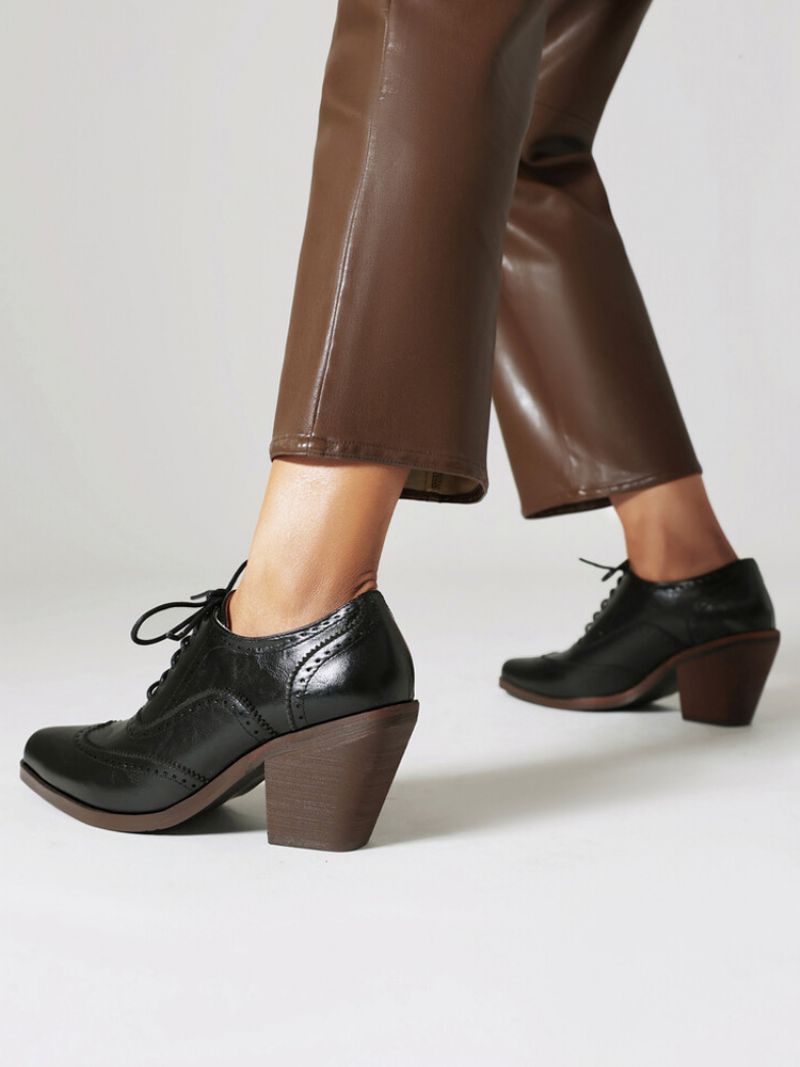 Kvinders Square Toe Chunky Heel Pu-læder Oxfords - Sort