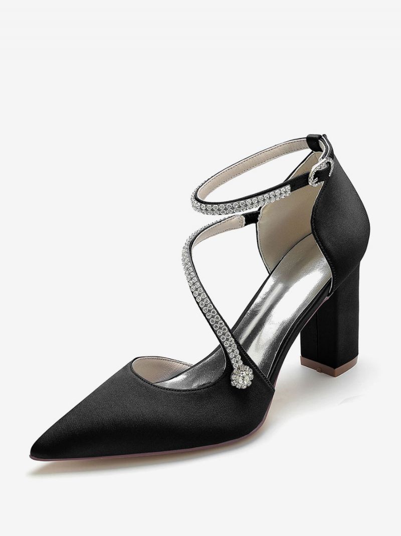 Kvinders Strappy Chunky Heel Brude Pumps I Satin - Sort