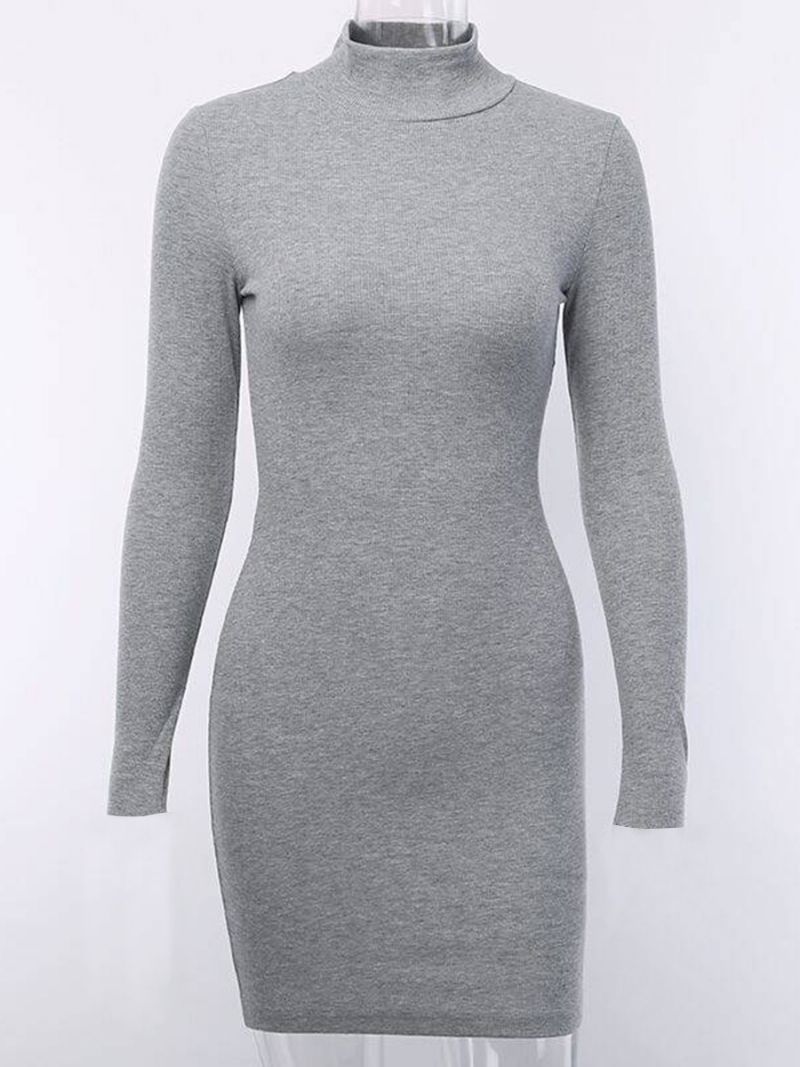 Kvinders Strikket Bodycon-kjole Mock Neck Langærmede Casual Sheath Mini-kjoler - Grå