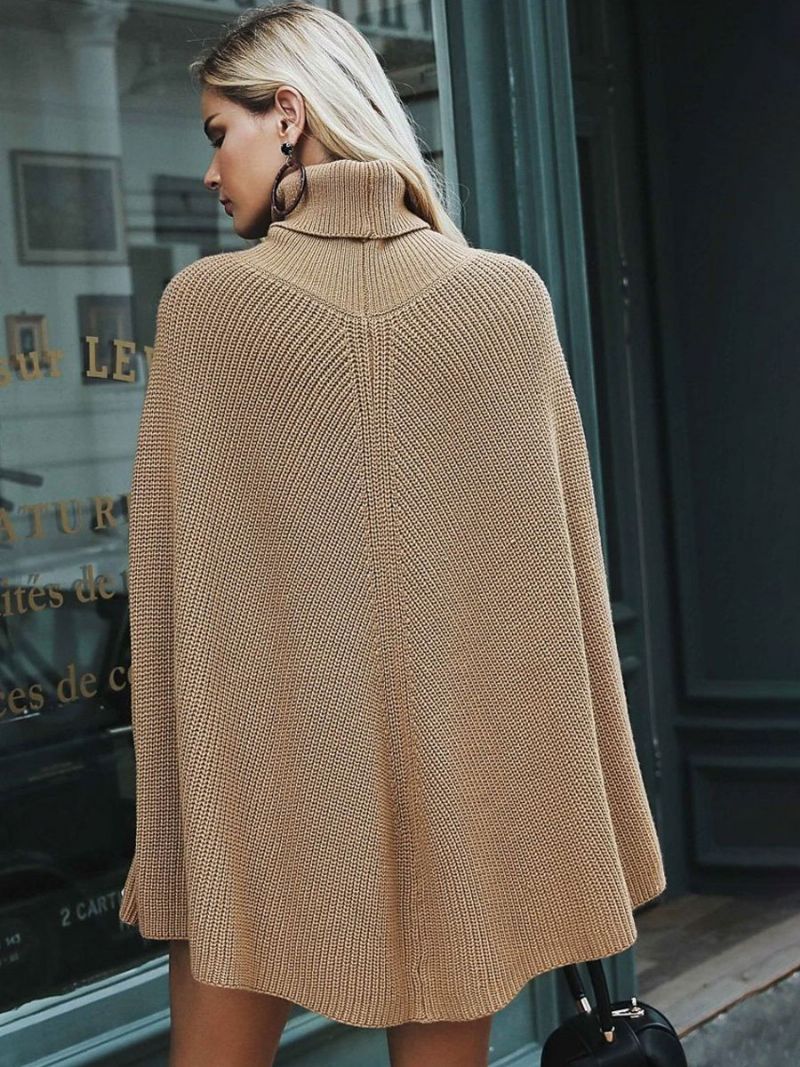 Kvinders Strikket Poncho Rullekrave Sort Casual Fall Cape - Kamel