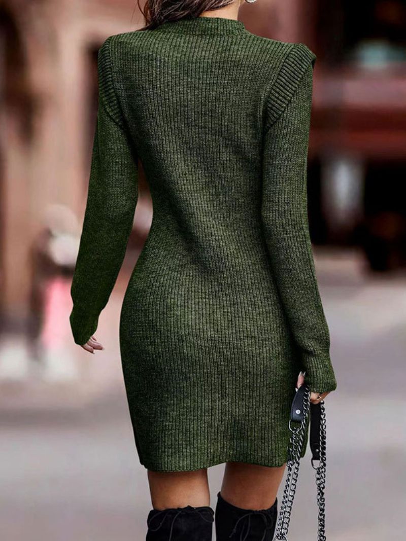 Kvinders Strikkjole Langærmede Jewel Neck Fall Mini Bodycon Kjole - Hunter Green