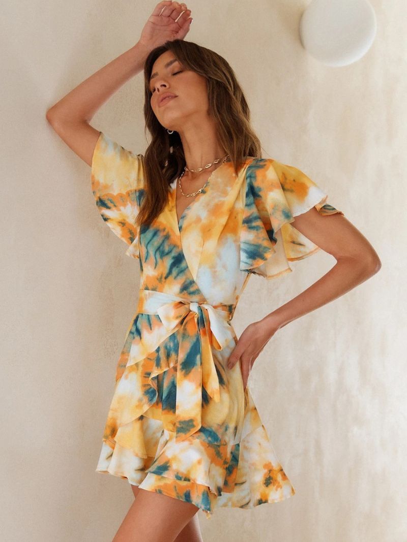 Kvinders Tie Dye Wrap Dress V-hals Bæltede Korte Ærmer Casual Sommer Kort Kjoler - Gul